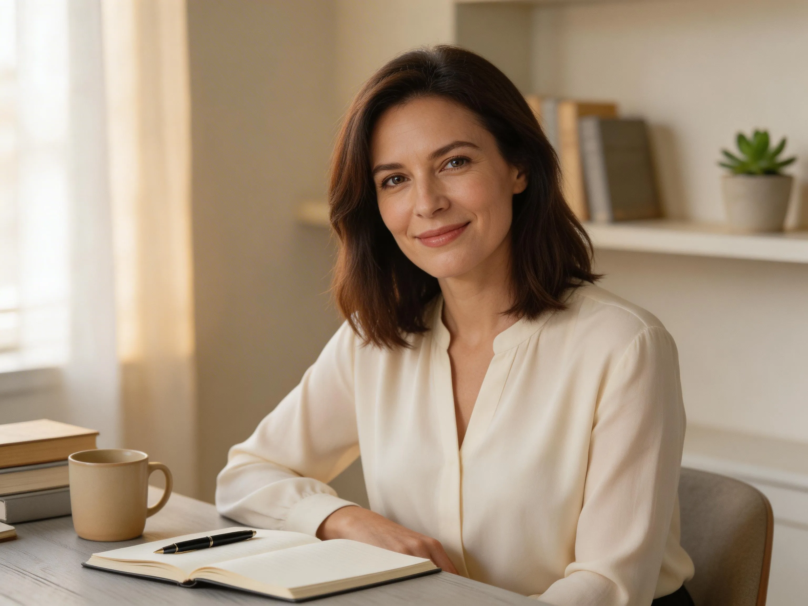 Avery Rowan seated at a writing desk.