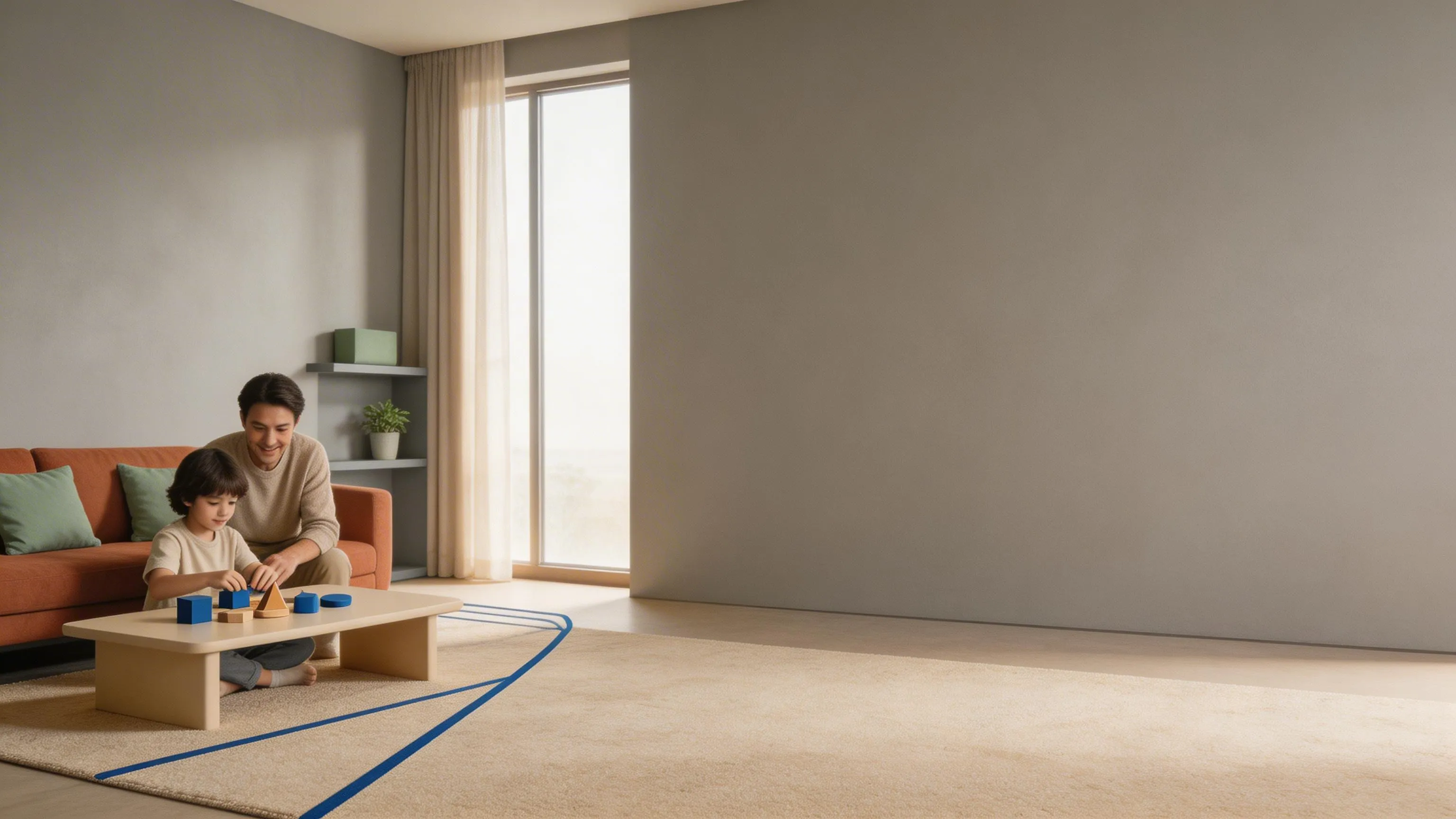 Parent and child working together in a calm living-room routine.