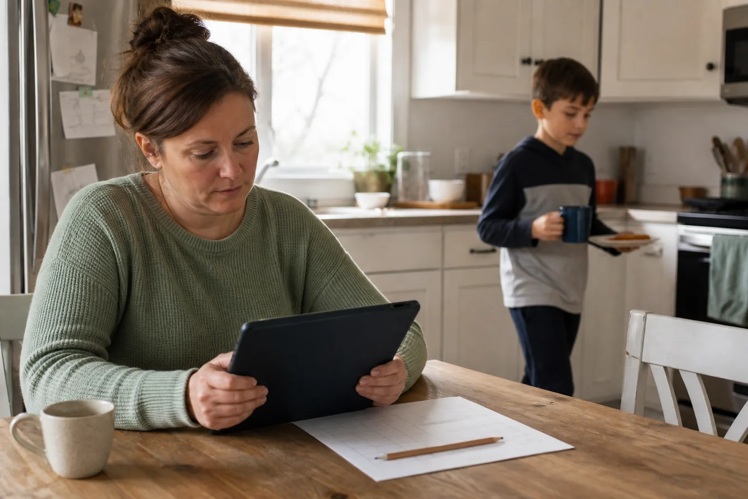 A caregiver reads the digital handbook while a child carries a cup and plate in a family kitchen