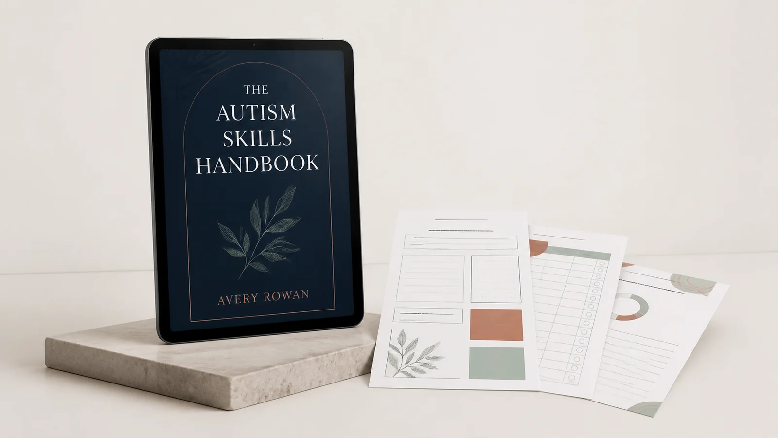 The Autism Skills Handbook displayed on a tablet beside three printable planning worksheets